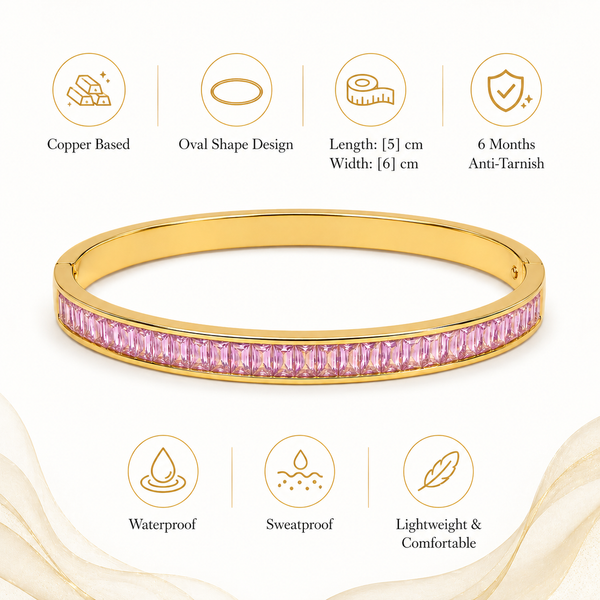 Gold Wavy Pink Stone Oval Kada for Women | Twisted Diamond Cut Stainless Steel Ladies Bangle | Festive Party Wear Jewellery - House of Viya