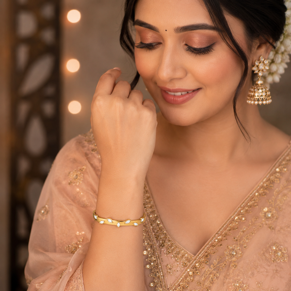Real Oval Marquise White Stone Gold Oval Kada for Women | Bezel Set Crystal Stainless Steel Ladies Bangle | Classic White Stone Jewellery - House of Viya