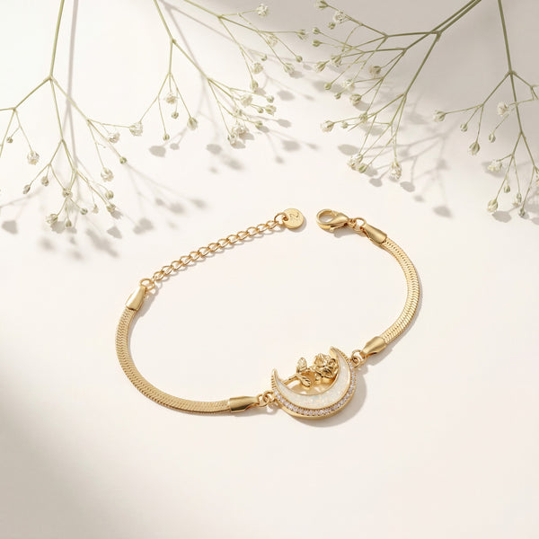 Gold Plated Snake Chain Bracelet with Crescent Moon Mother of Pearl Charm and Floral Star Accent