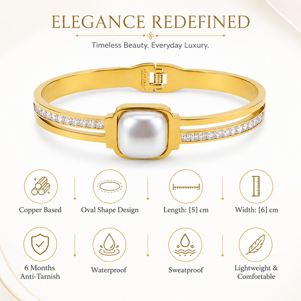 Gold Princess Panel Diamond Oval Kada for Women | Square Stone Panel Stainless Steel Ladies Bangle | Bold Design Jewellery - House of Viya