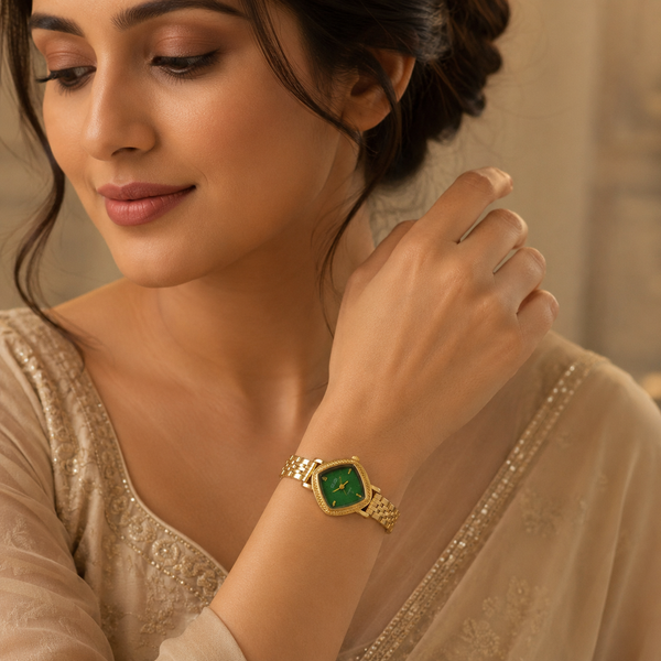 Watches Gold-Tone Cushion Green Dial Crystal Studded Bracelet Watch for Women - House of Viya