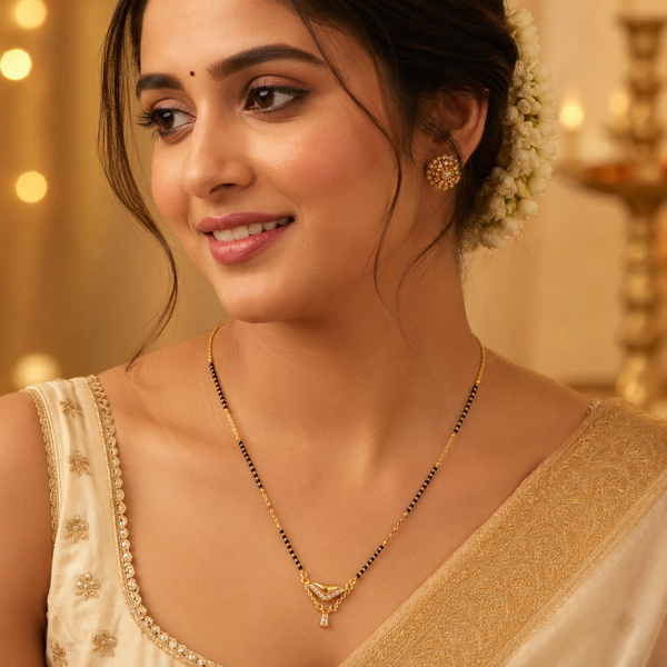 KZ Gold Plated V Shape Fan CZ Mangalsutra for Women Black Bead Chain Fan Pendant with Drop FS - House of Viya