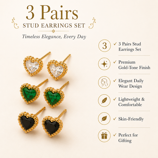 Earrings Crystal, Emerald & Black Onyx Heart Antique Halo Stud Earrings Set of 3 Pairs