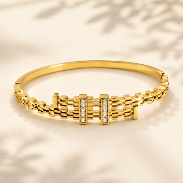 Gold Tension Set Diamond Oval Kada for Women | Floating Solitaire Stainless Steel Ladies Bangle | Minimalist Design Jewellery - House of Viya