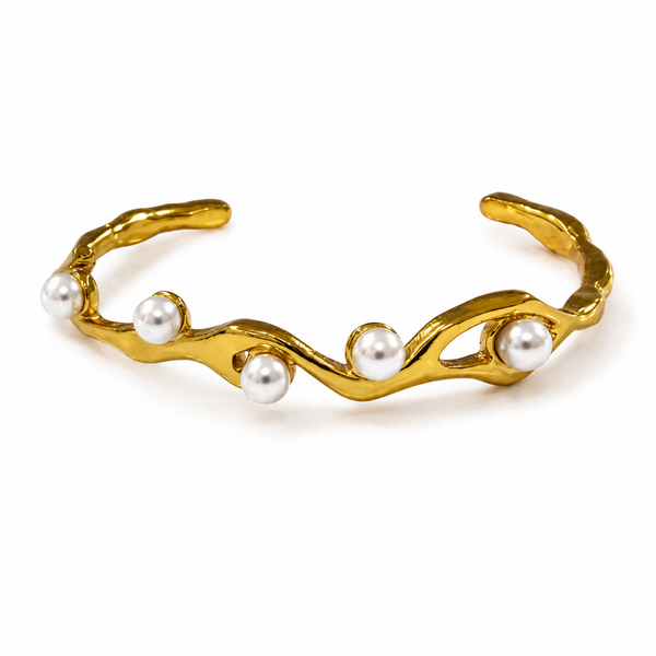 Kadas Gold-Tone Open Kada with Pearl-Accented Twisted Design for Women - House of Viya