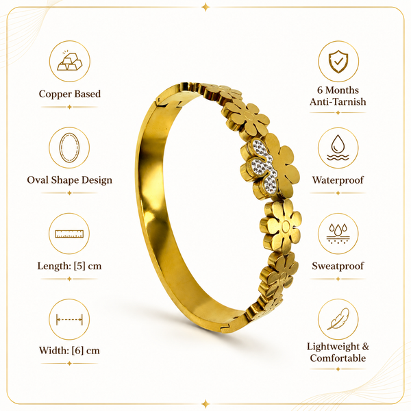 Gold Leaf Engraved Diamond Oval Kada for Women | Botanical Motif Stone Stainless Steel Ladies Bangle | Nature Festive Jewellery - House of Viya