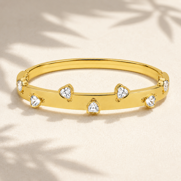 Real Heart Shaped White Stone Gold Oval Kada for Women | Bezel Heart Crystal Stainless Steel Ladies Bangle | Romantic White Stone Jewellery - House of Viya
