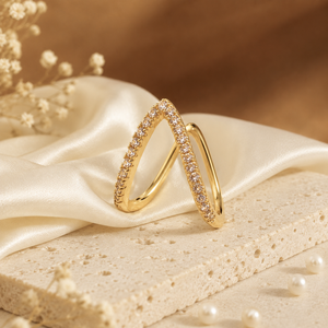 Rings Gold-Tone Crystal-Studded V-Shaped Double-Band Open Design Ring for Women