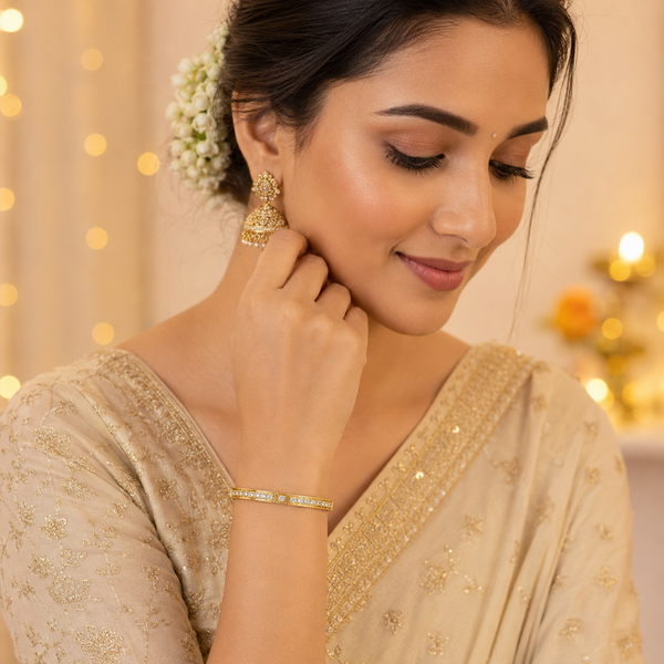 Gold Alternating Square Solitaire Round Diamond Oval Kada for Women | Checkerboard Pattern Stainless Steel Ladies Bangle | Luxury Festive Jewellery - House of Viya