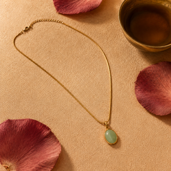 Chain 18K Gold-Plated Fine Chain with Sage Green oval Pendant - House of Viya