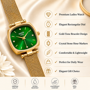 Watches Gold-Tone Square Green Dial Mesh Bracelet Watch for Women