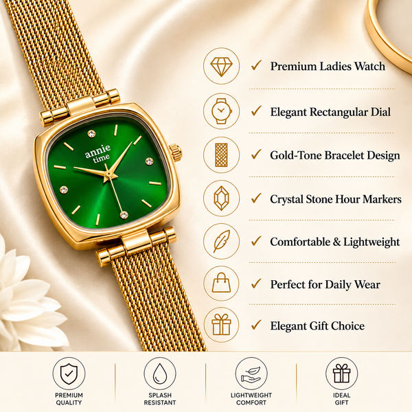 Watches Gold-Tone Square Green Dial Mesh Bracelet Watch for Women