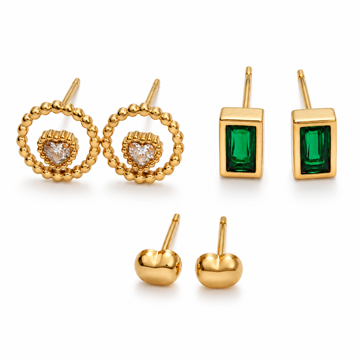 Earrings Halo Heart, Emerald Rectangle & Minimal Dome Stud Earrings Set of 3 Pairs