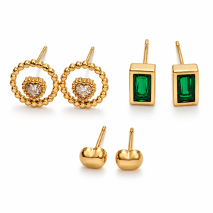 Earrings Halo Heart, Emerald Rectangle & Minimal Dome Stud Earrings Set of 3 Pairs