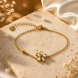 Gold Plated White Stone Studded Floral Flower Charm Delicate Chain Bracelet with Lobster Clasp
