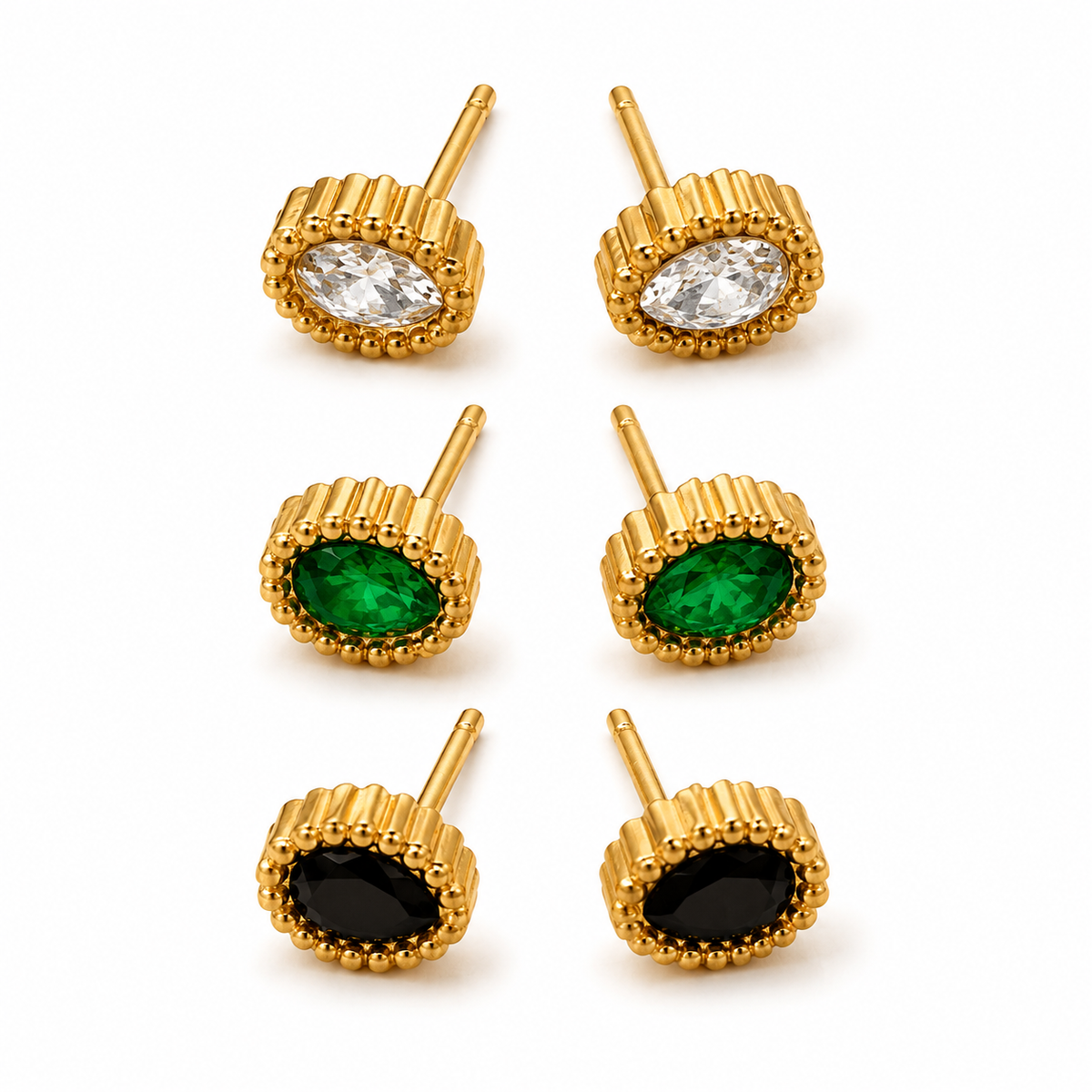 Earrings Crystal, Emerald & Black Onyx Oval Antique Stud Earrings Set of 3 Pairs
