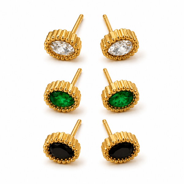 Earrings Crystal, Emerald & Black Onyx Oval Antique Stud Earrings Set of 3 Pairs