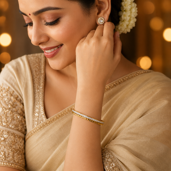 Gold Infinity Diamond Oval Kada for Women | Figure Eight Stone Stainless Steel Ladies Bangle | Symbolic Festive Jewellery - House of Viya