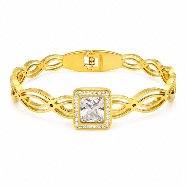Gold Channel Set Baguette Diamond Oval Kada for Women | Rectangular Stone Row Stainless Steel Ladies Bangle | Premium Design Jewellery - House of Viya