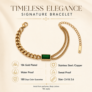 Gold Plated Cuban Curb Chain Bracelet with Rectangular Bezel Set Green Stone Centrepiece and Lobster Clasp