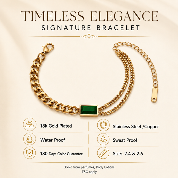 Gold Plated Cuban Curb Chain Bracelet with Rectangular Bezel Set Green Stone Centrepiece and Lobster Clasp - House of Viya