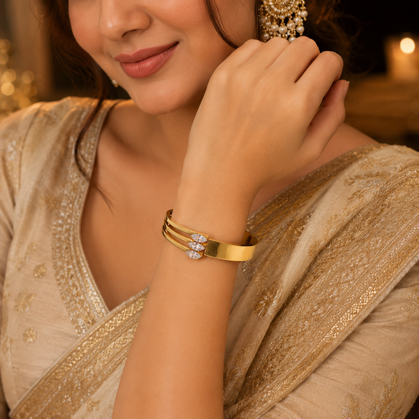Gold Twisted Rope Diamond Oval Kada for Women | Braided Stone Stainless Steel Ladies Bangle | Textured Festive Jewellery - House of Viya