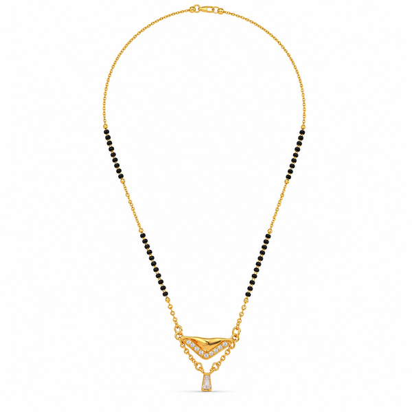 KZ Gold Plated V Shape Fan CZ Mangalsutra for Women Black Bead Chain Fan Pendant with Drop FS - House of Viya