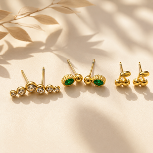 Earrings Pearl Bead Bar, Emerald Oval Halo & Gold Cluster Ball Stud Earrings Set of 3 Pairs