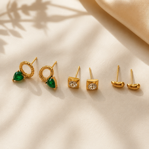 Earrings Emerald Drop Hoop, Zircon Square & Minimal Wave Stud Earrings Set of 3 Pairs