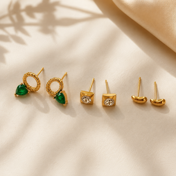 Earrings Emerald Drop Hoop, Zircon Square & Minimal Wave Stud Earrings Set of 3 Pairs
