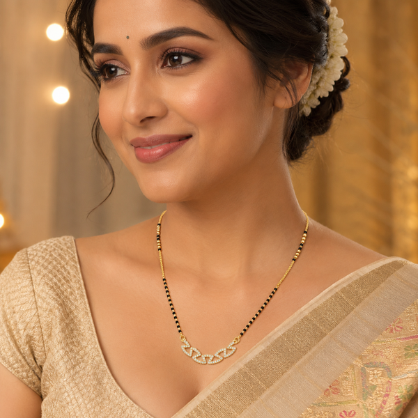 KZ Gold Plated Oval Link Chain CZ Mangalsutra for Women Black Bead Chain Connected Oval Pendant FS - House of Viya