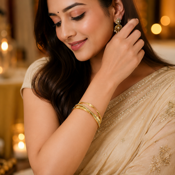 Kadas Gold-Tone Twisted Rope Crystal-Studded Crossover Design Kada Bangle for Women - House of Viya