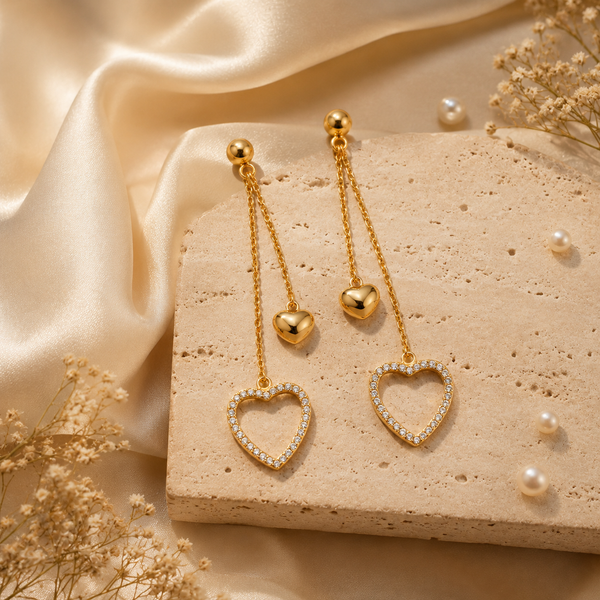 Earrings Gold-Tone Heart Motif Chain-Drop Earrings - House of Viya