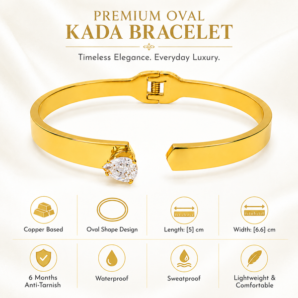 Gold Hinged Pear Solitaire Diamond Oval Kada for Women | Single Teardrop Stone Stainless Steel Ladies Bangle | Statement Festive Jewellery - House of Viya