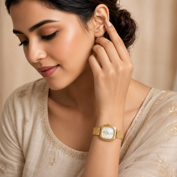 Watches Gold-Tone Cushion Shape Dial Crystal Hour Markers Bracelet Watch for Women