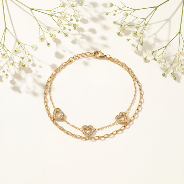 Gold Plated Double Layer Chain Bracelet with Heart Shaped White Stone Halo Charm Stations