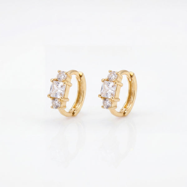 Gold Plated Three Stone Princess CZ Huggie Hoop Earrings