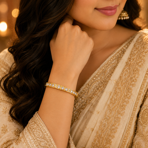 Gold Full Row Large Round Solitaire Diamond Oval Kada for Women | Channel Set Bold Stone Stainless Steel Ladies Bangle | Statement Festive Jewellery