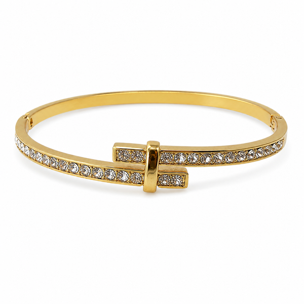 Gold Single Row Round Diamond Oval Kada for Women | Delicate Stone Band Stainless Steel Ladies Bangle | Classic Festive Jewellery - House of Viya