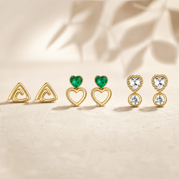 Earrings Gold Triangle, Emerald Heart & Zircon Kite Stud Earrings Set of 3 Pairs