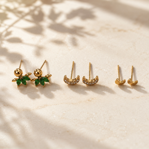 Earrings Gold Floral Cluster, Pave Crescent Moon & Mini Crescent Stud Earrings Set of 3 Pairs