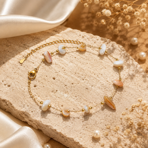 Gold Plated Mother of Pearl White Stone Chip Dual Strand Delicate Chain Bracelet with Lobster Clasp