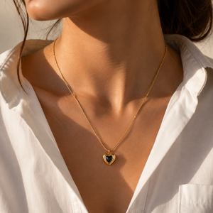 Chain 18K Gold-Plated Fine Chain with Double-Layer Black Heart Pendant - House of Viya