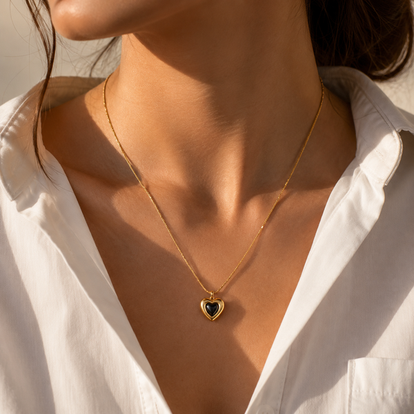 Chain 18K Gold-Plated Fine Chain with Double-Layer Black Heart Pendant - House of Viya