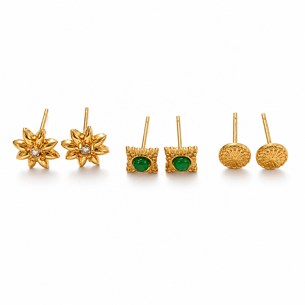 Earrings Gold Snowflake, Emerald Square & Textured Dome Stud Earrings Set of 3 Pairs