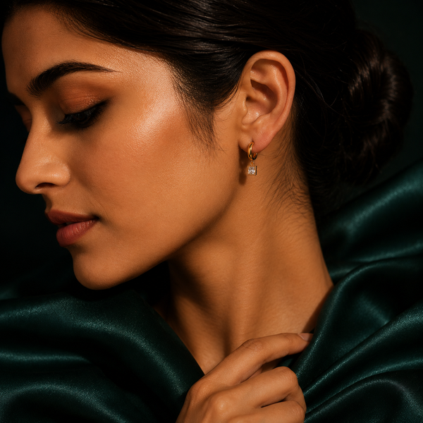 Earrings Halo Square Drop Hoop, Emerald Square & Gold Oval Minimal Stud Earrings Set of 3 Pairs