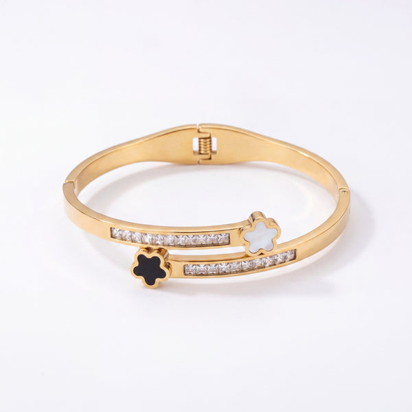 Mother of pearl flower dual band baby kada – gold plated floral CZ onyx cuff – House of Viya