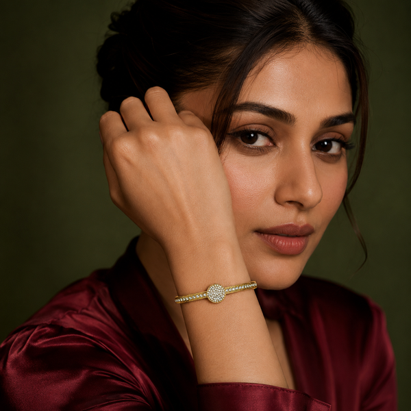 Kadas Gold-Tone Crystal-Studded Circular Motif Slim Kada for Women - House of Viya