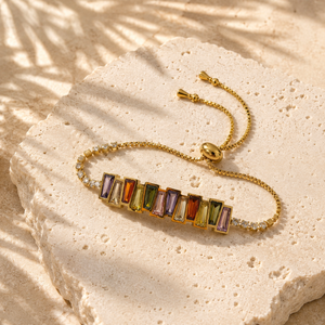 Gold Plated Adjustable Slider Bolo Bracelet with Multicolor Rainbow Baguette Stone Tennis Center
