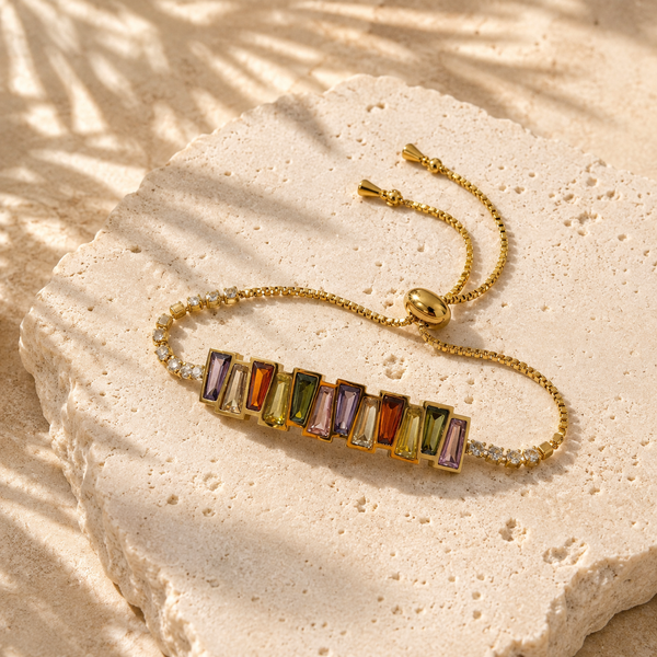 Gold Plated Adjustable Slider Bolo Bracelet with Multicolor Rainbow Baguette Stone Tennis Center